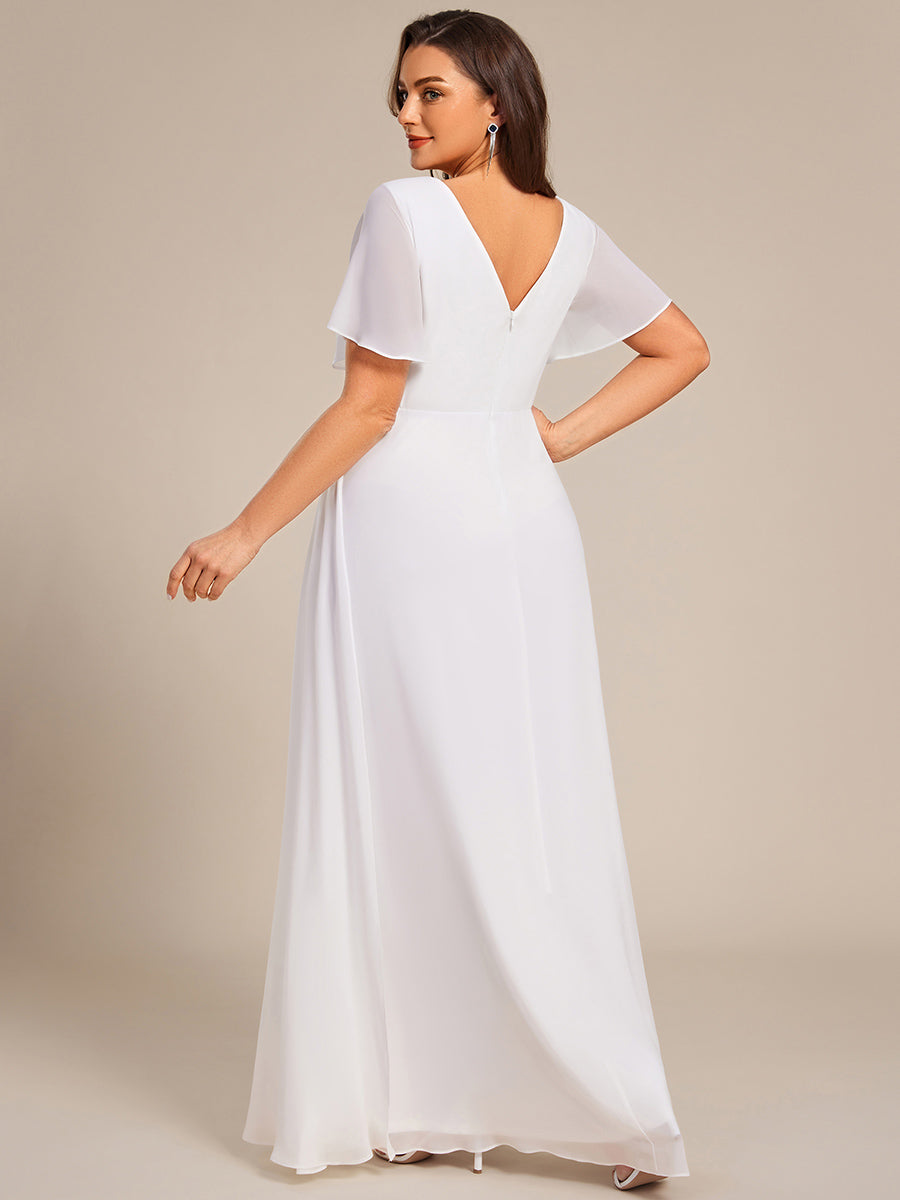 Color=White | Plus Size Lotus Leaf Ruffles Sleeve asymmetrical Ruched Empire Waist Chiffon Evening Dresses-White 62