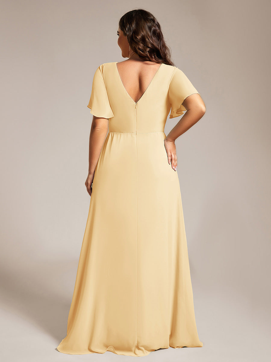 Color=Yellow | Plus Size Lotus Leaf Ruffles Sleeve asymmetrical Ruched Empire Waist Chiffon Evening Dresses-Yellow 67