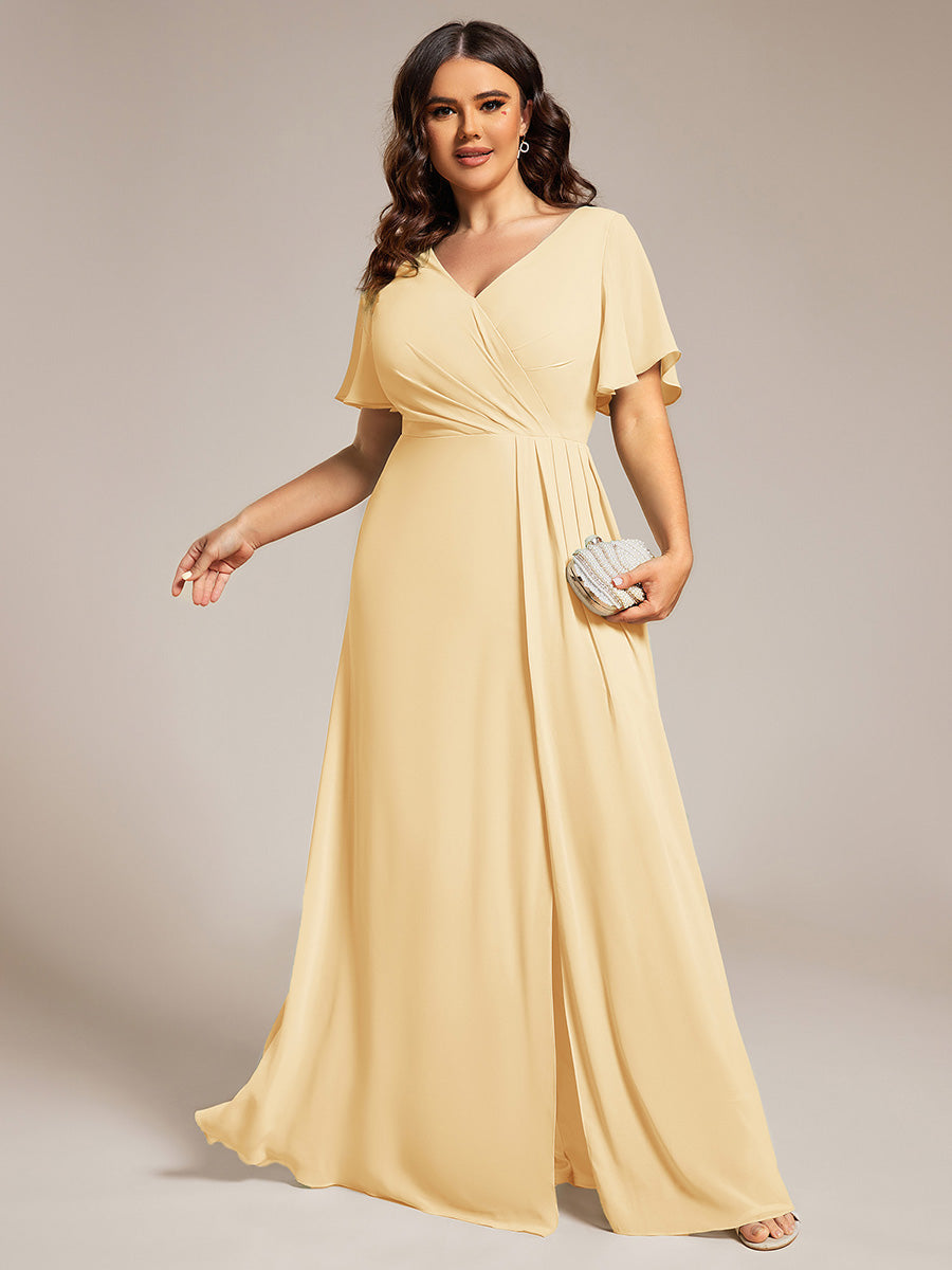 Color=Yellow | Plus Size Lotus Leaf Ruffles Sleeve asymmetrical Ruched Empire Waist Chiffon Evening Dresses-Yellow 70