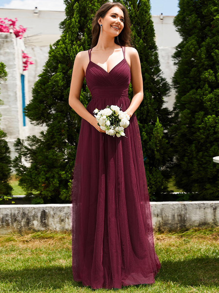 Color=Burgundy | Romantic Spaghetti Straps Tulle Bridesmaid Dresses with Lace Backless Crossover Halter Design-Burgundy