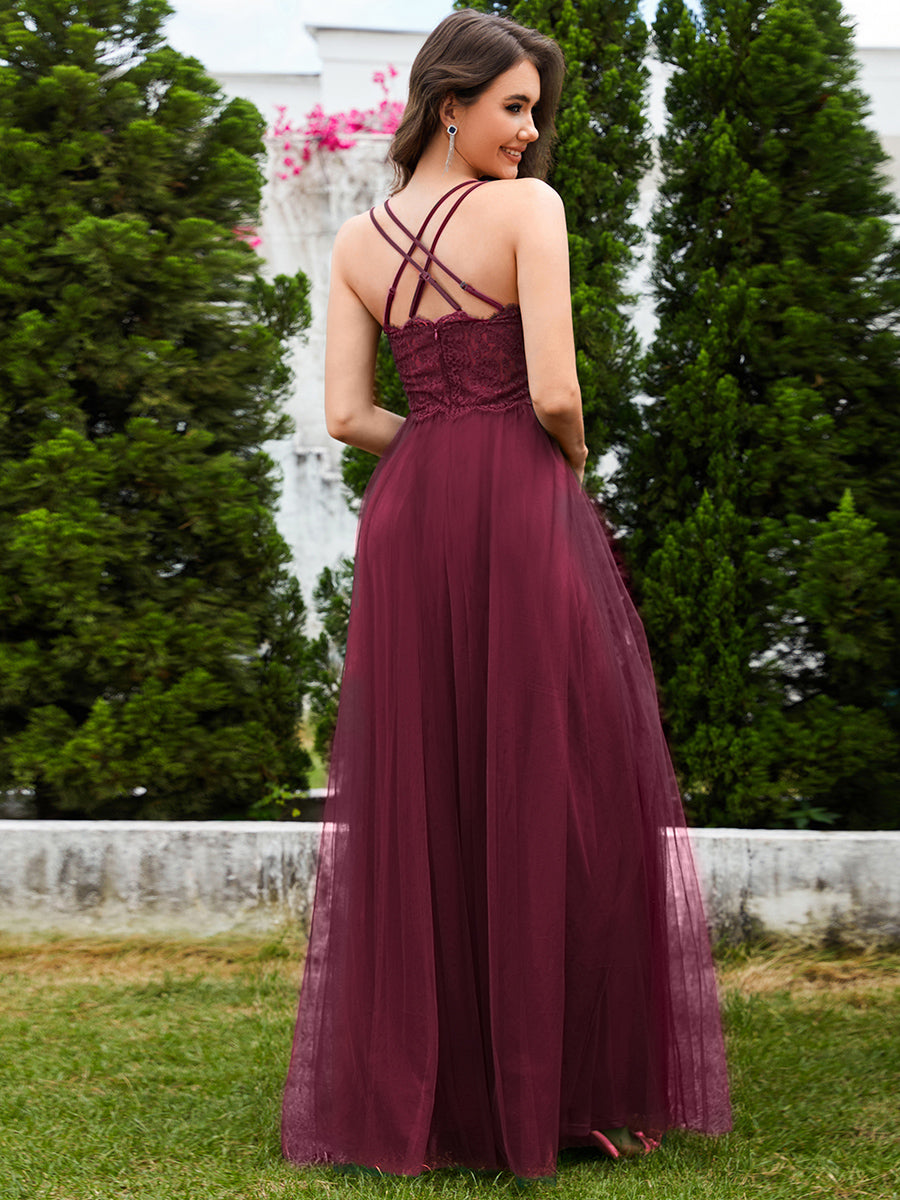 Color=Burgundy | Romantic Spaghetti Straps Tulle Bridesmaid Dresses with Lace Backless Crossover Halter Design-Burgundy
