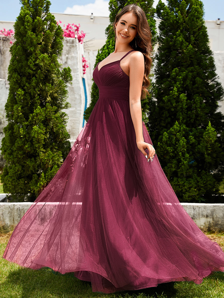 Color=Burgundy | Romantic Spaghetti Straps Tulle Bridesmaid Dresses with Lace Backless Crossover Halter Design-Burgundy