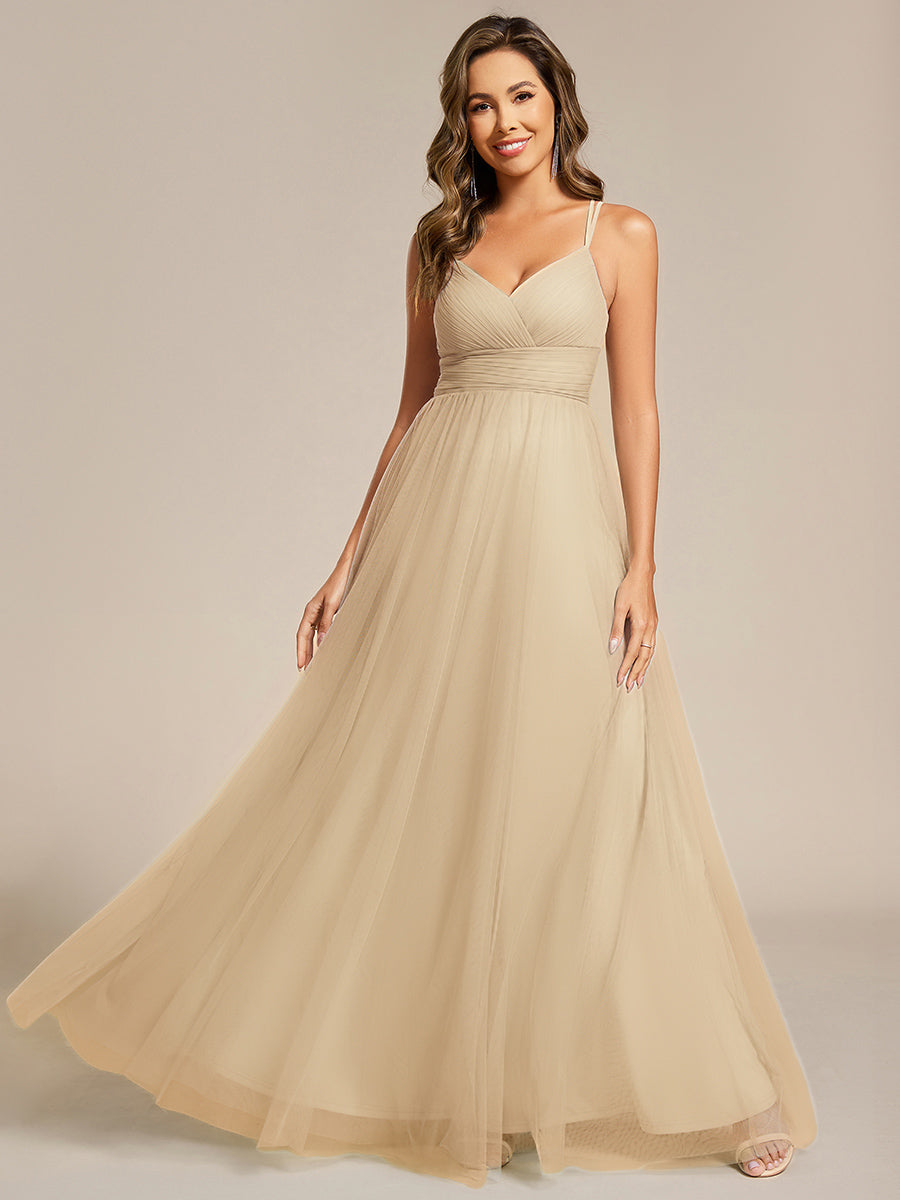 Color=champagne | Romantic Spaghetti Straps Tulle Bridesmaid Dresses with Lace Backless Crossover Halter Design-champagne