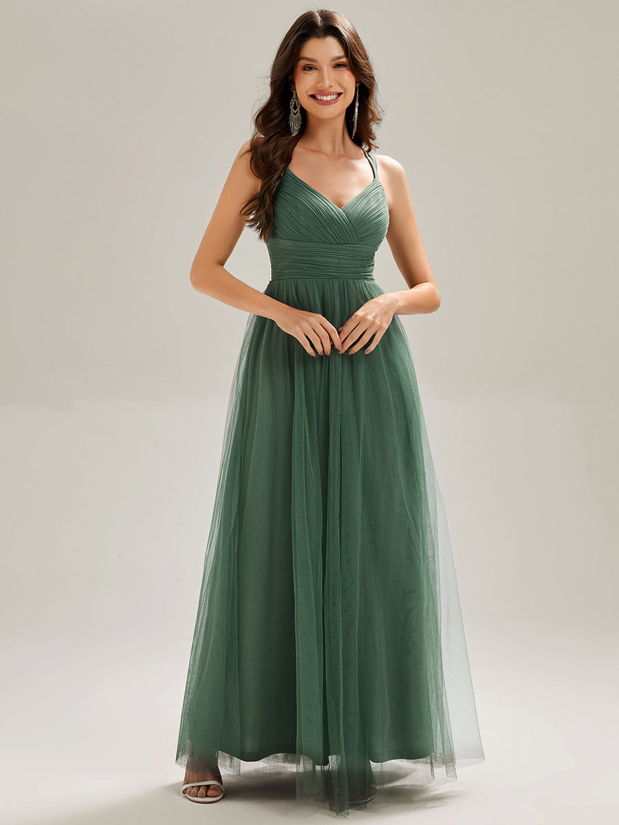 Color=Eucalyptus | Romantic Spaghetti Straps Tulle Bridesmaid Dresses with Lace Backless Crossover Halter Design-Eucalyptus