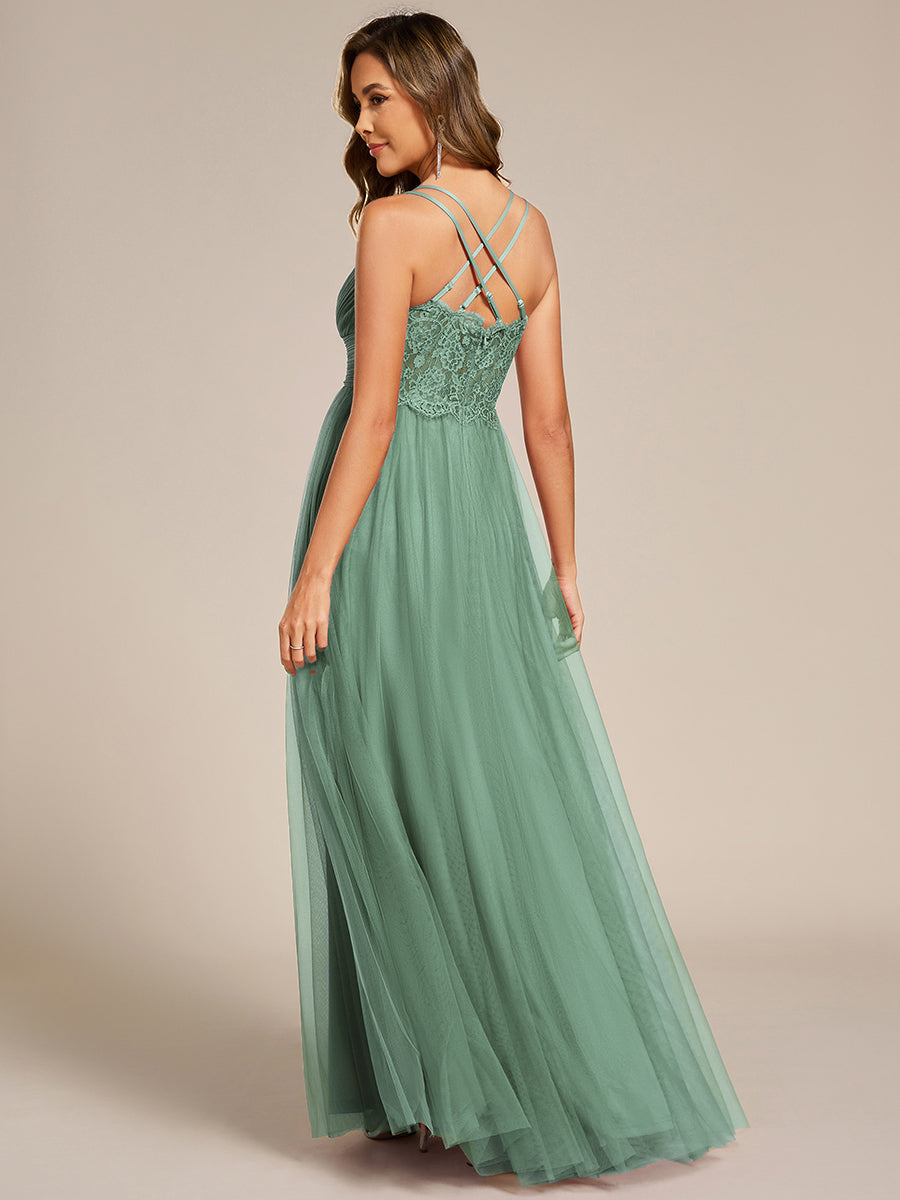 Color=Green Bean | Wholesale Sleeveless Deep V-Neck Pleated A-Line Floor Length Dress; Bridesmaid Dresses-Green Bean 2