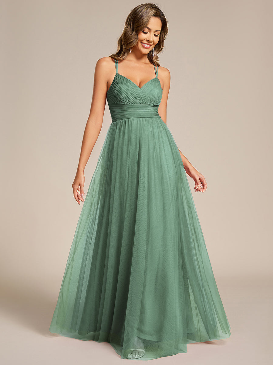 Color=Green Bean | Wholesale Sleeveless Deep V-Neck Pleated A-Line Floor Length Dress; Bridesmaid Dresses-Green Bean 4