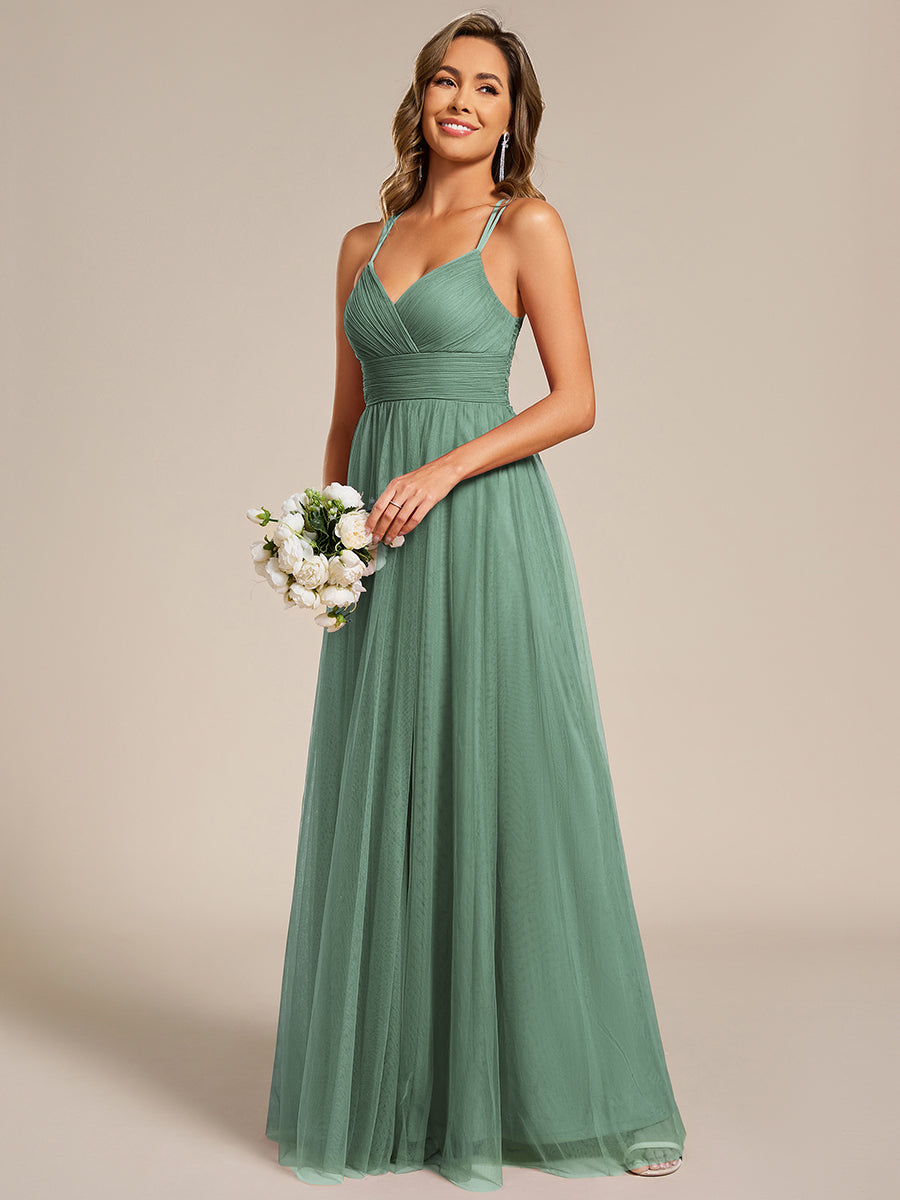 Color=Green Bean | Wholesale Sleeveless Deep V-Neck Pleated A-Line Floor Length Dress; Bridesmaid Dresses-Green Bean 5