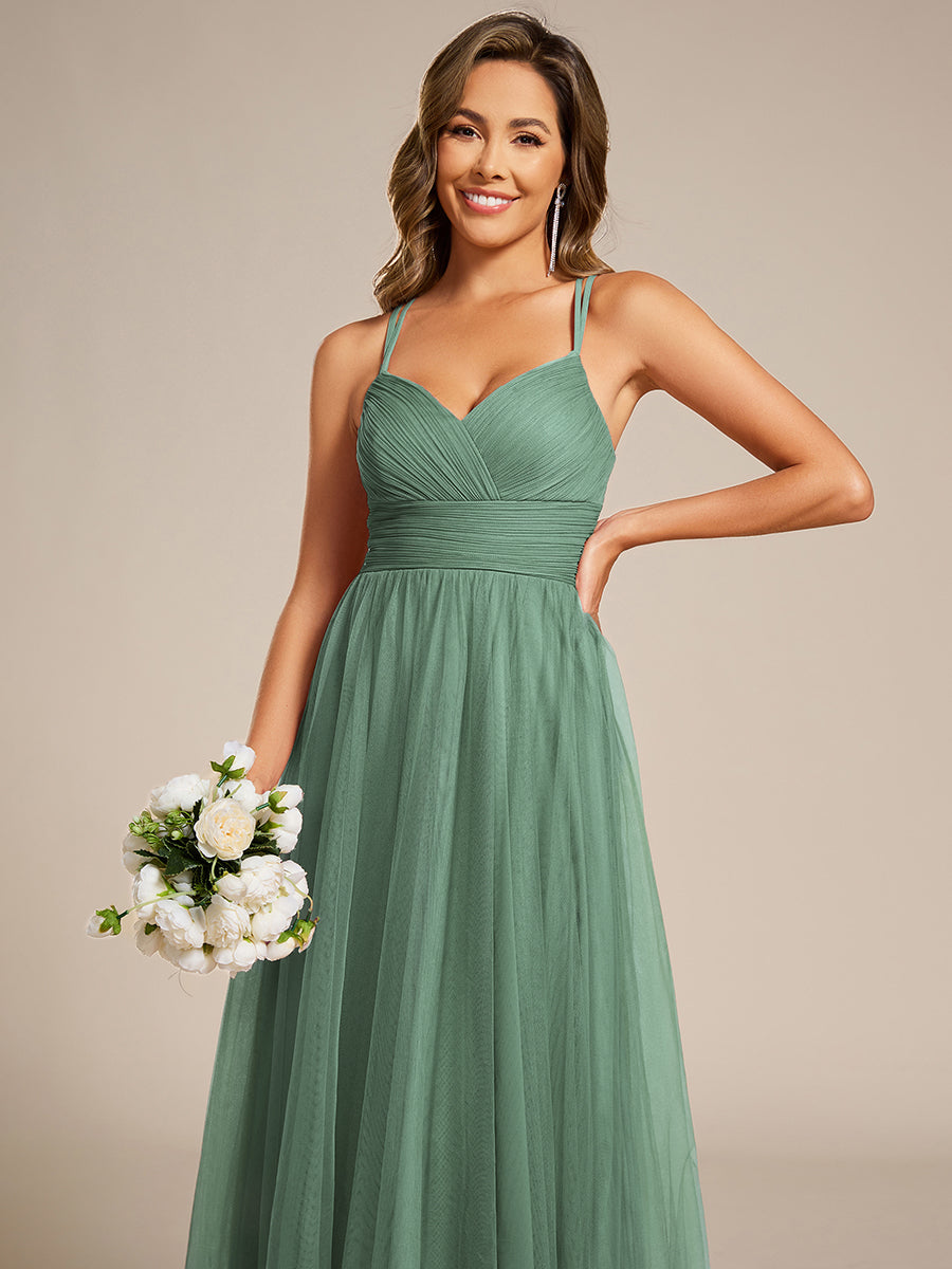 Color=Green Bean | Wholesale Sleeveless Deep V-Neck Pleated A-Line Floor Length Dress; Bridesmaid Dresses-Green Bean 3