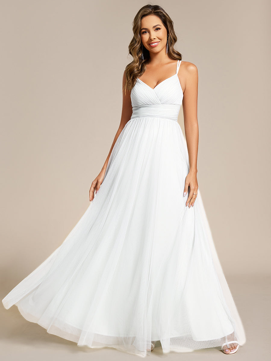 Color=white | Romantic Spaghetti Straps Tulle Bridesmaid Dresses with Lace Backless Crossover Halter Design-white