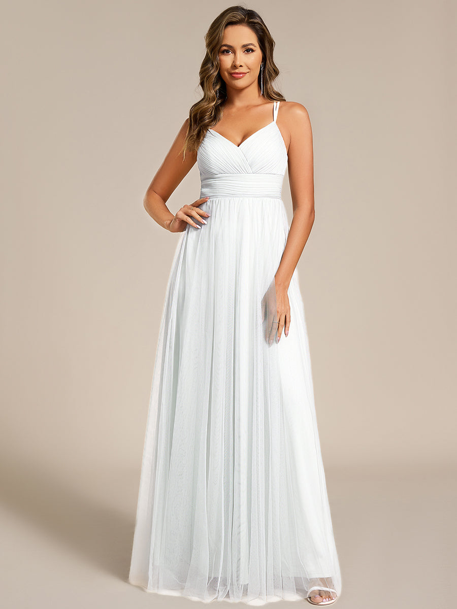 Color=white | Romantic Spaghetti Straps Tulle Bridesmaid Dresses with Lace Backless Crossover Halter Design-white