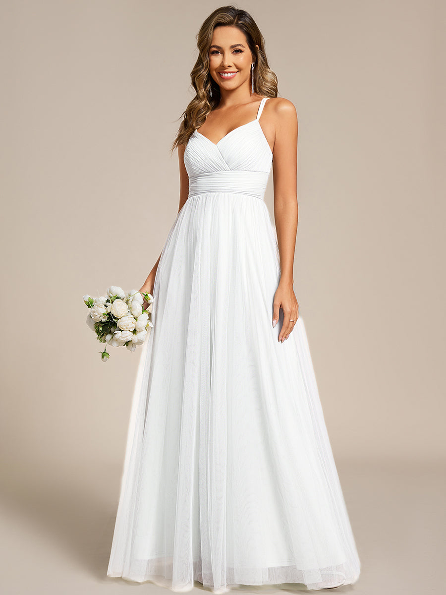 Color=white | Romantic Spaghetti Straps Tulle Bridesmaid Dresses with Lace Backless Crossover Halter Design-white