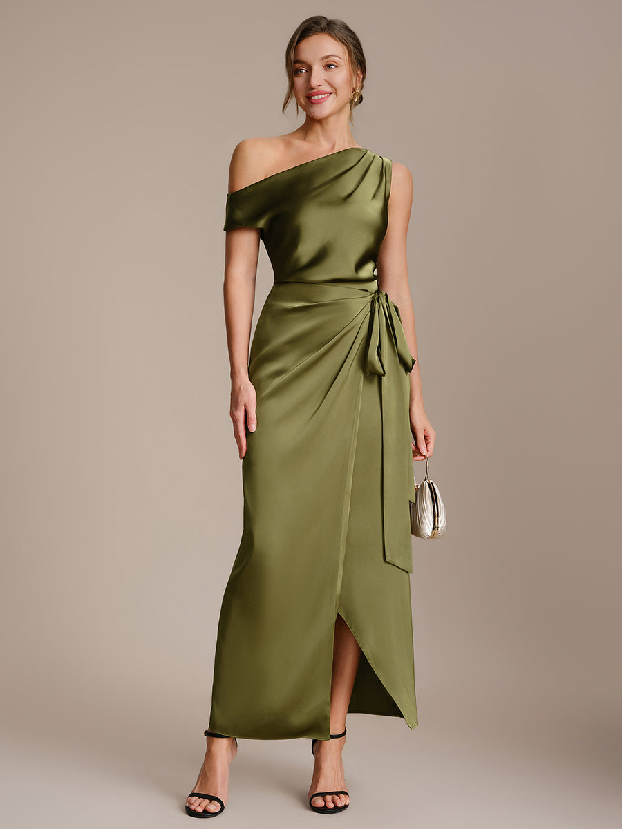 Color=Olive Green | B2B-Exclusive Short Sleeve Off-Shoulder Non-Stretch A-Line Evening Tops-Olive Green 5