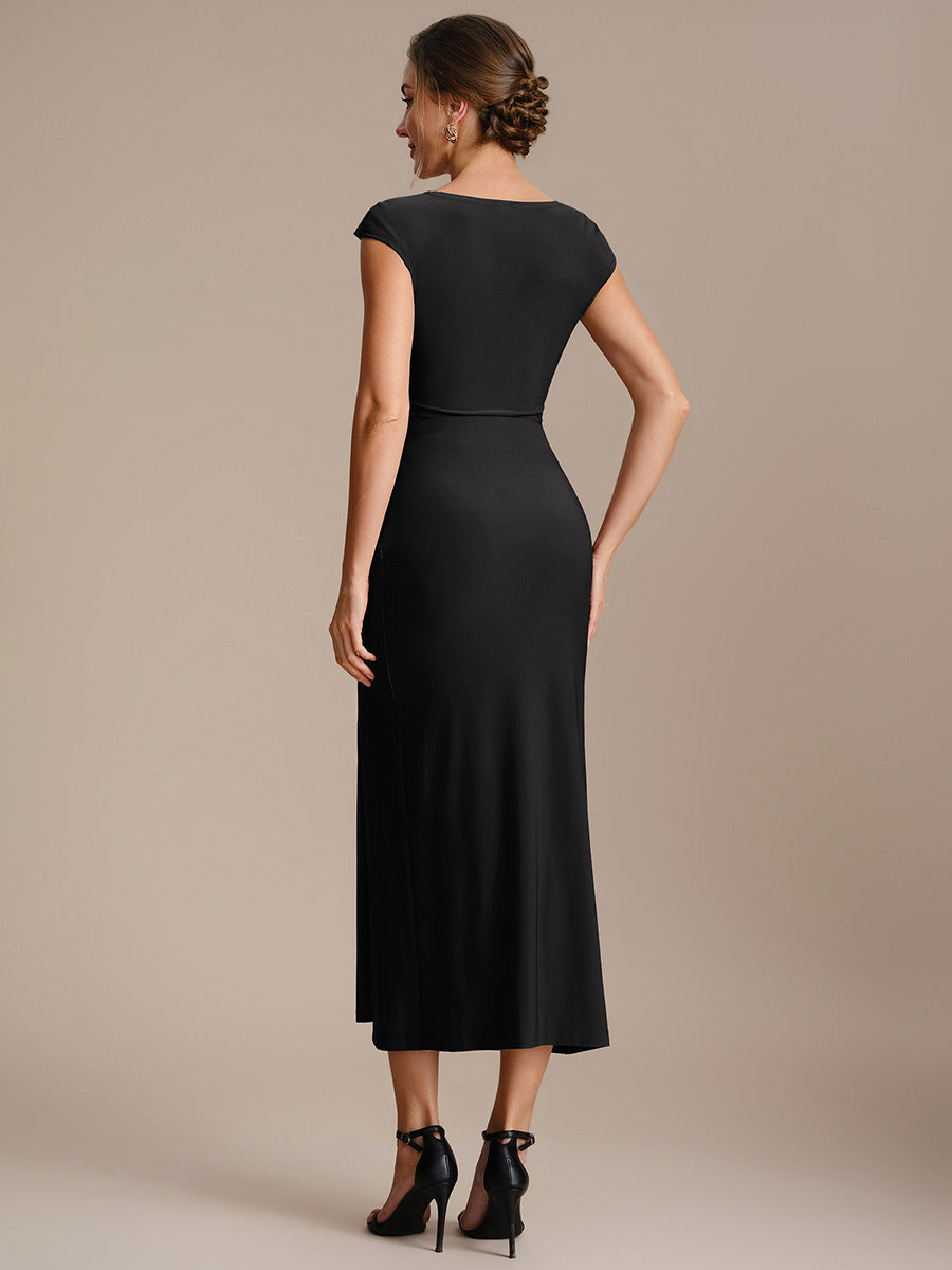 Color=Black | Fast Delivery Short Sleeve High Stretch Asymmetric Neckline A-Line Dress Tops-Black 2