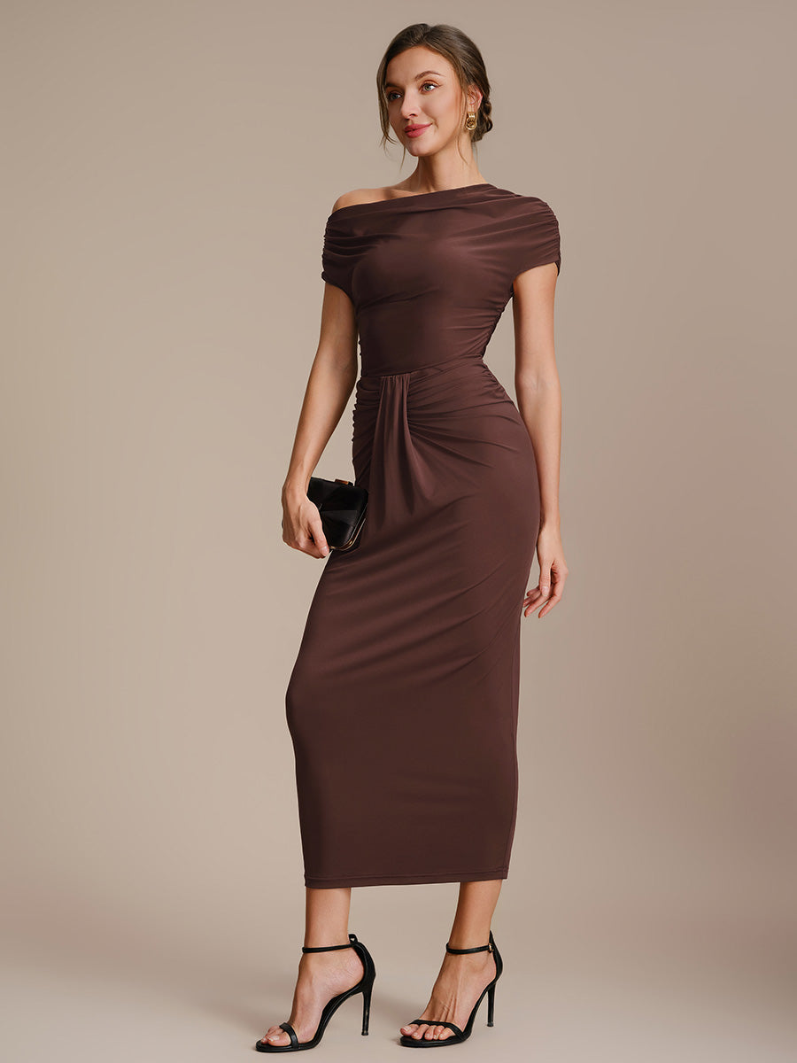 Color=Chocolate Brown | Wholesale Pricing Short Sleeve Off-Shoulder High Stretch A-Line Evening Tops-Chocolate Brown 15