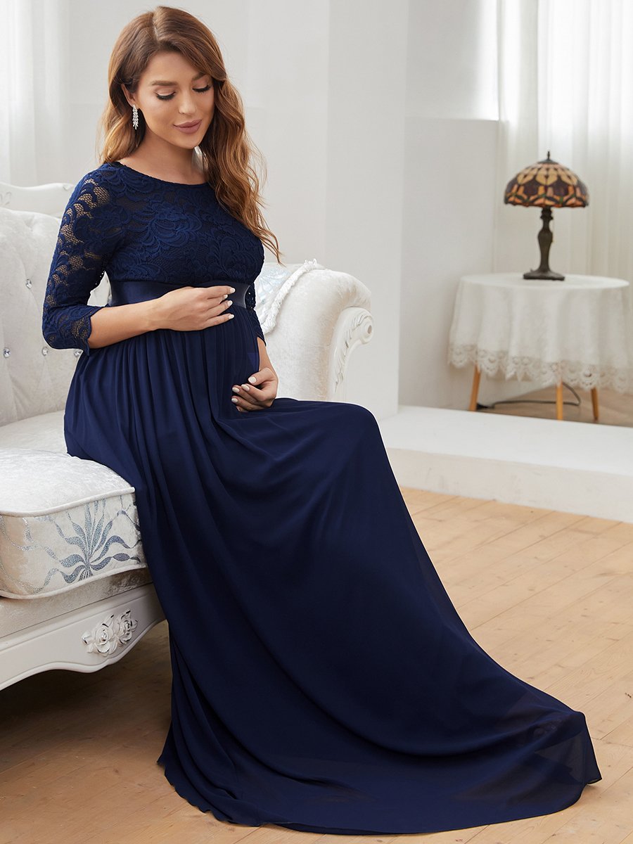 Color=Navy Blue | Simple and Elegant Maternity Dress with A-line silhouette-Navy Blue 4