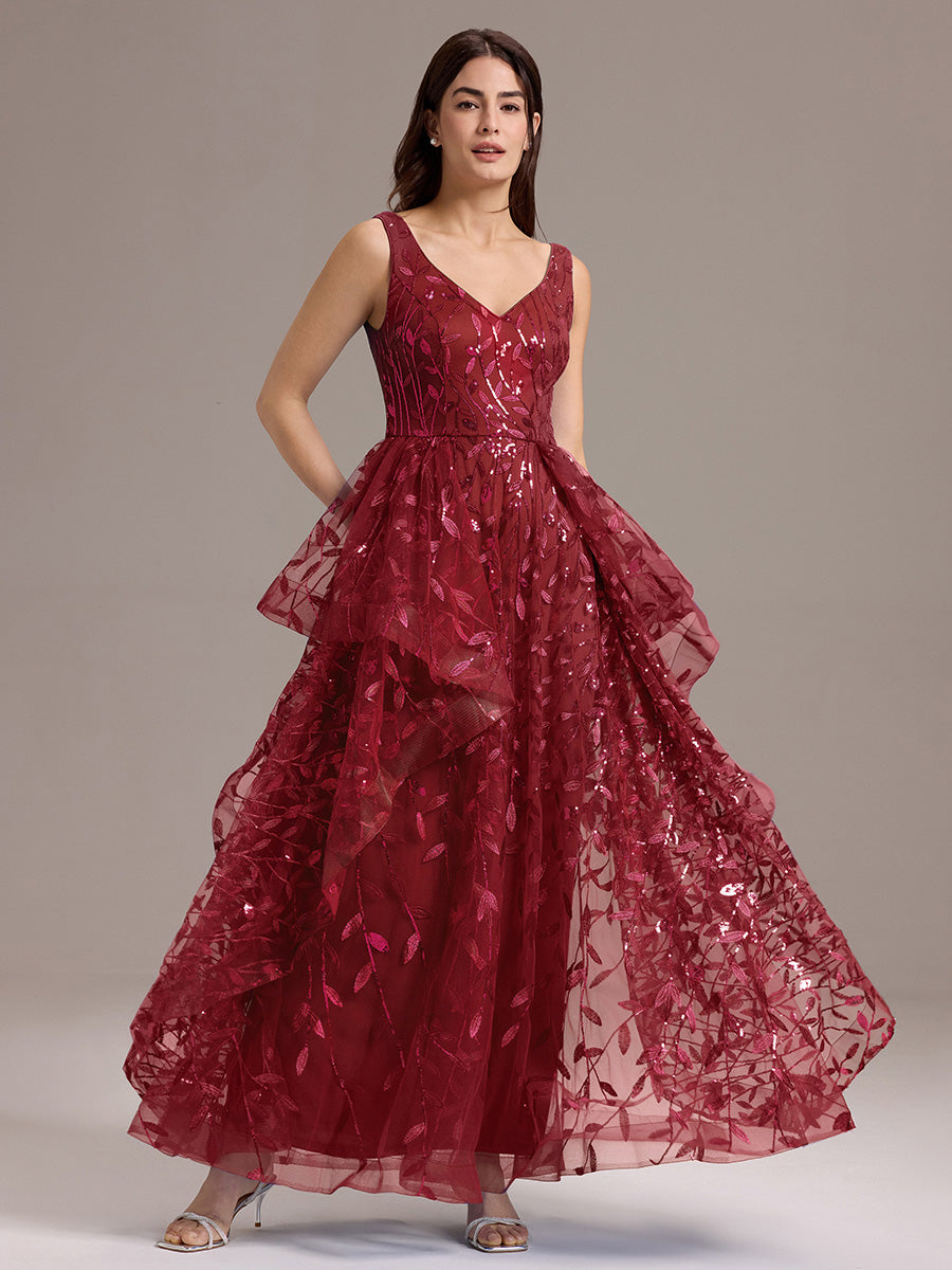 Double V-Neck A-Line Layered Sequin Formal Dress #color_Burgundy