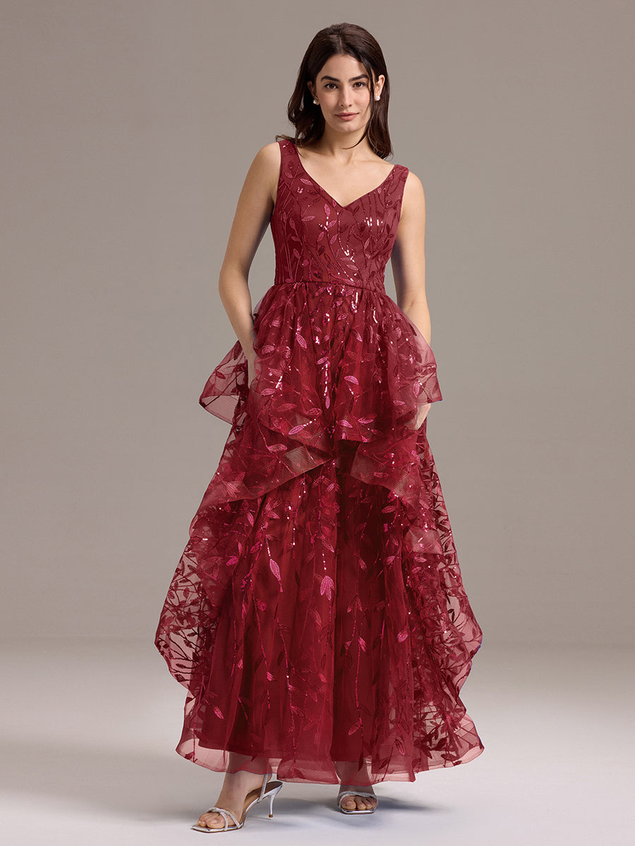 Double V-Neck A-Line Layered Sequin Formal Dress #color_Burgundy