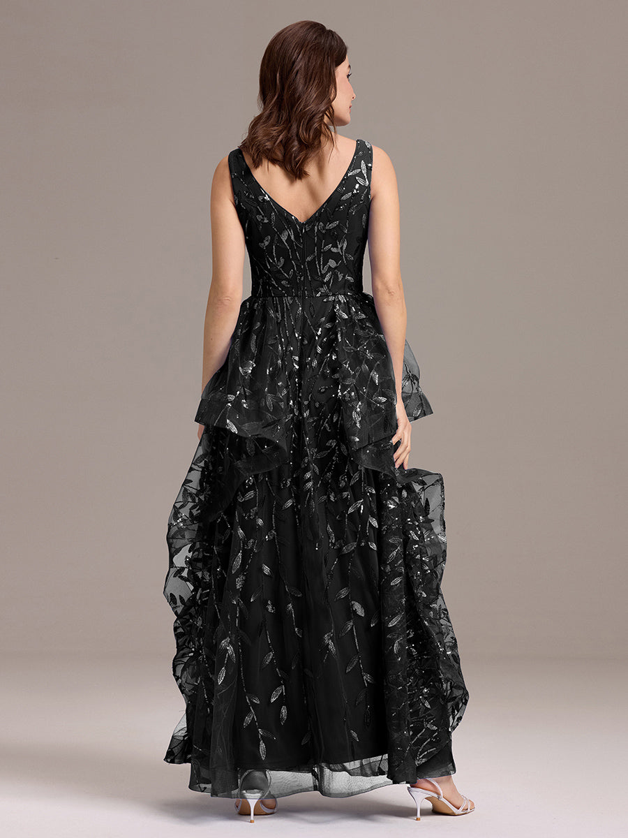Double V-Neck A-Line Layered Sequin Formal Dress #color_Black