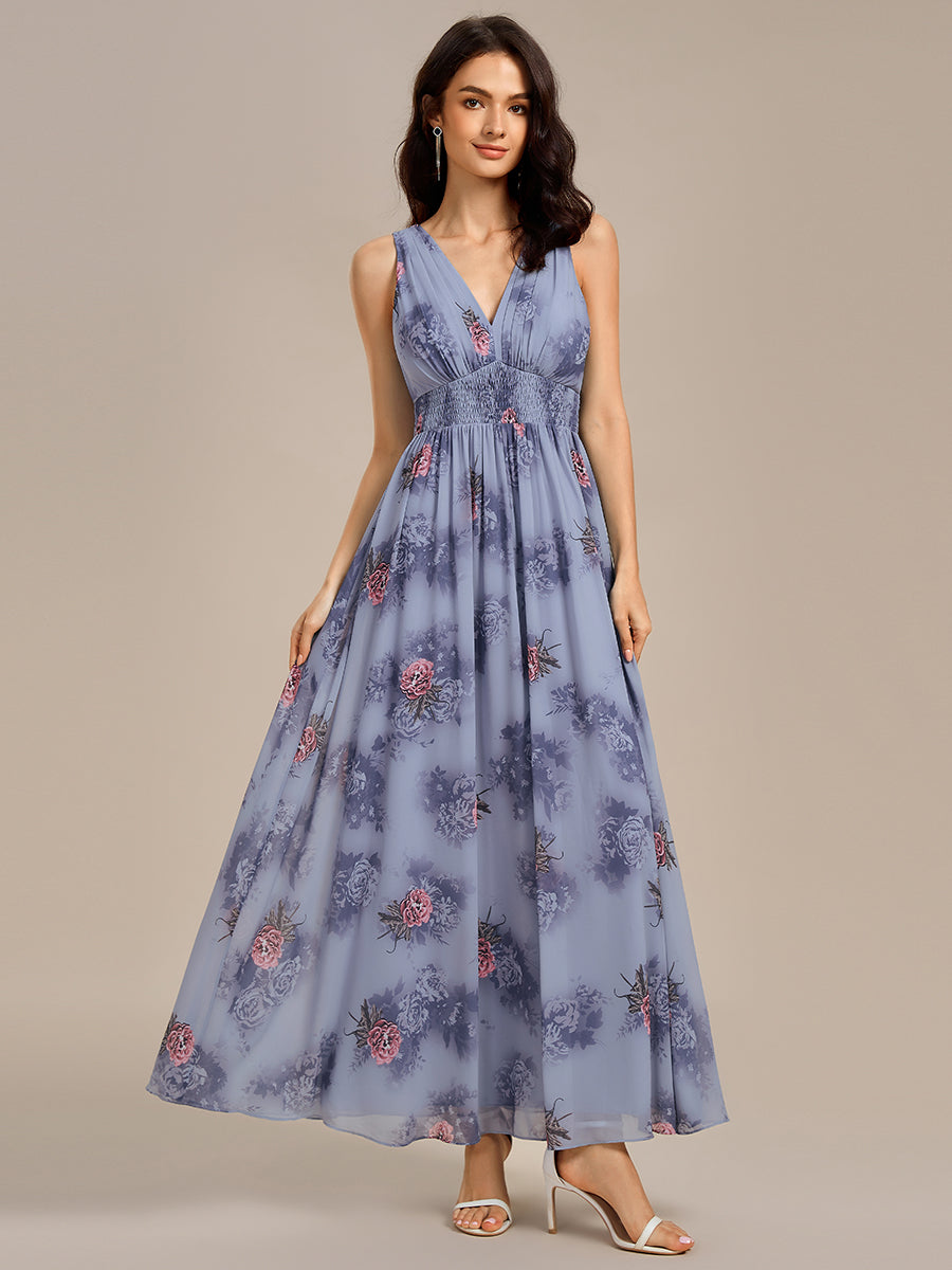 Double V Neck Empire Waist Floral Sleeveless Maxi Formal Dress #color_Dusty Peony
