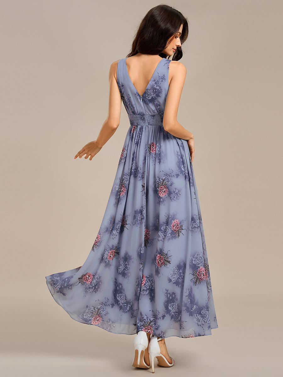 Double V Neck Empire Waist Floral Sleeveless Maxi Formal Dress #color_Dusty Peony