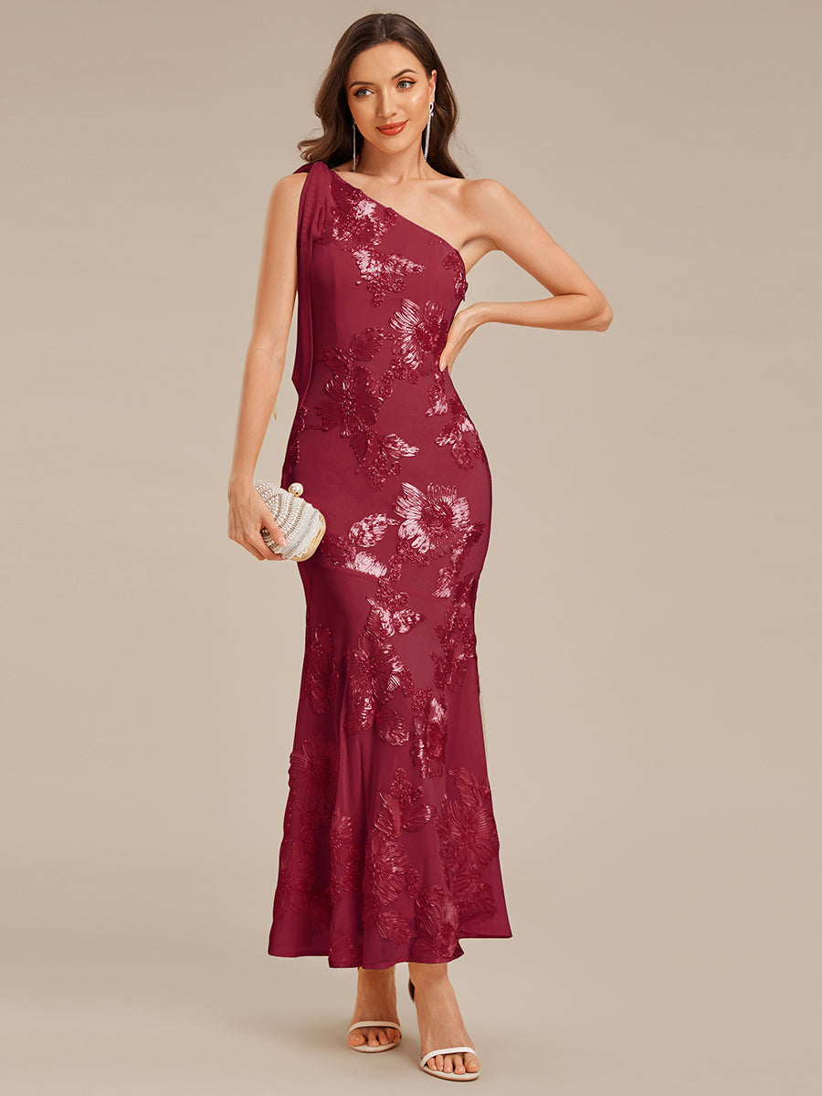 Color=Burgundy | Custom Solutions Strapless Asymmetrical Fishtail Maxi Dress with Flowing Ribbons Evening Dresses-Burgundy 1
