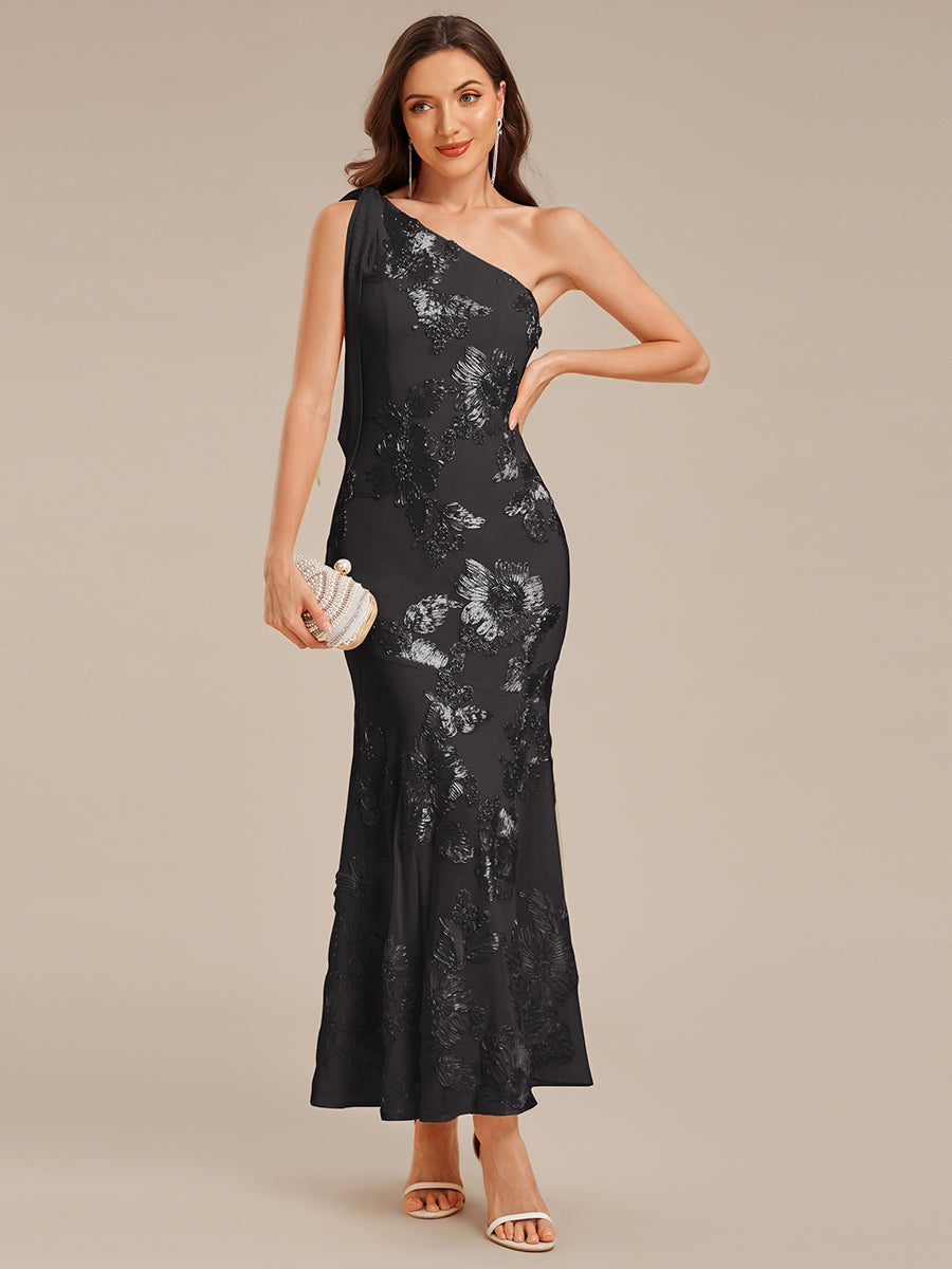 Color=Black | Custom Solutions Strapless Asymmetrical Fishtail Maxi Dress with Flowing Ribbons Evening Dresses-Black 4