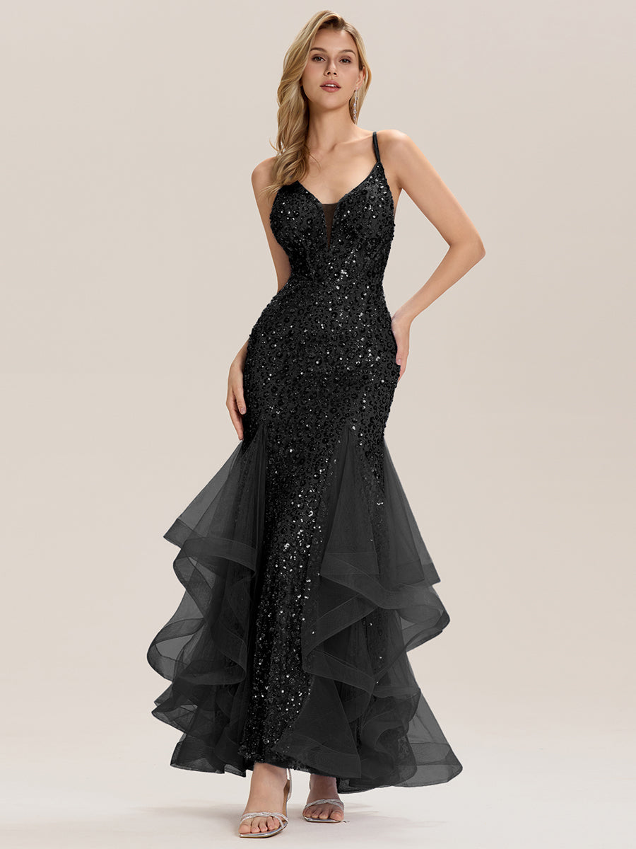 Color=Black | Custom Solutions Sleeveless Deep V-Neck Beaded Fishtail Floor Length Evening Dresses-Black 1