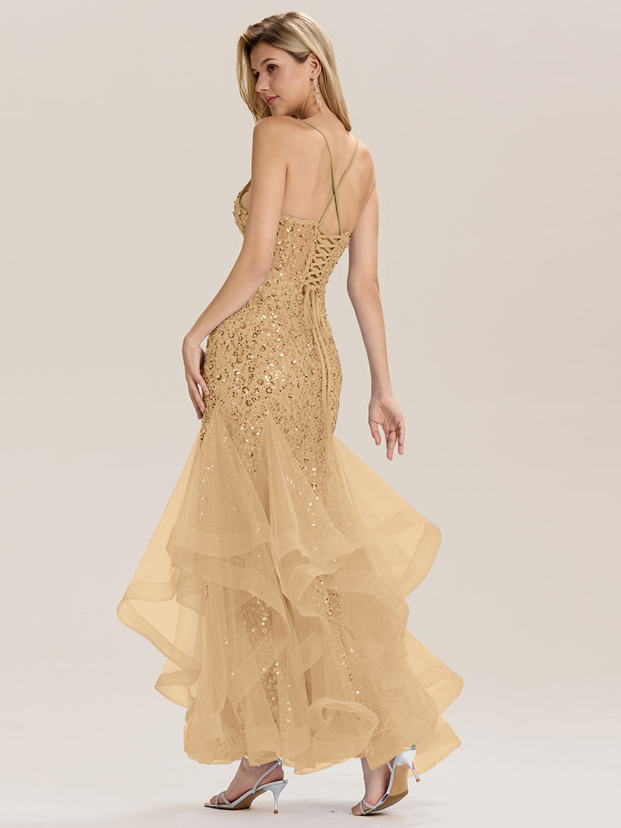 Color=Gold | Custom Solutions Sleeveless Deep V-Neck Beaded Fishtail Floor Length Evening Dresses-Gold 4