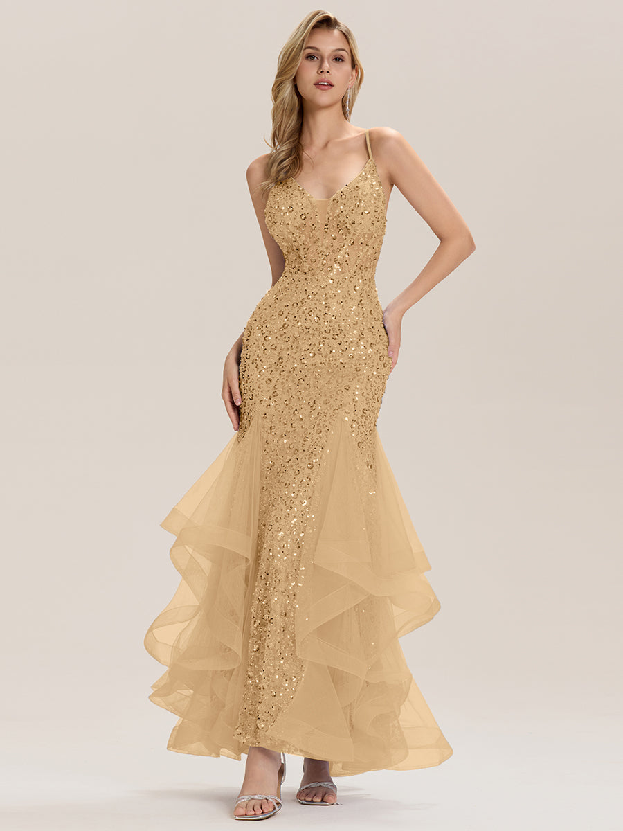 Color=Gold | Custom Solutions Sleeveless Deep V-Neck Beaded Fishtail Floor Length Evening Dresses-Gold 3