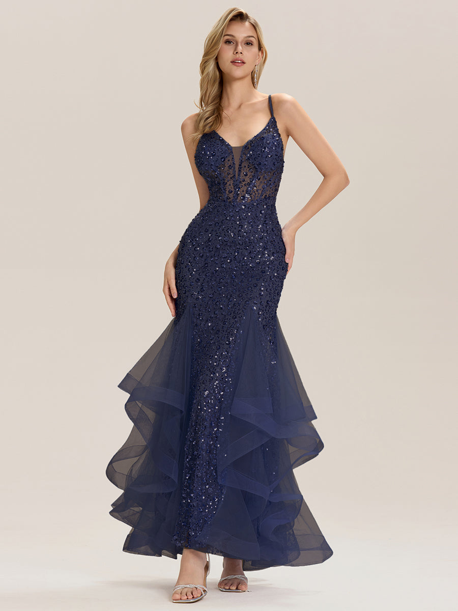Color=Navy Blue | Custom Solutions Sleeveless Deep V-Neck Beaded Fishtail Floor Length Evening Dresses-Navy Blue 10