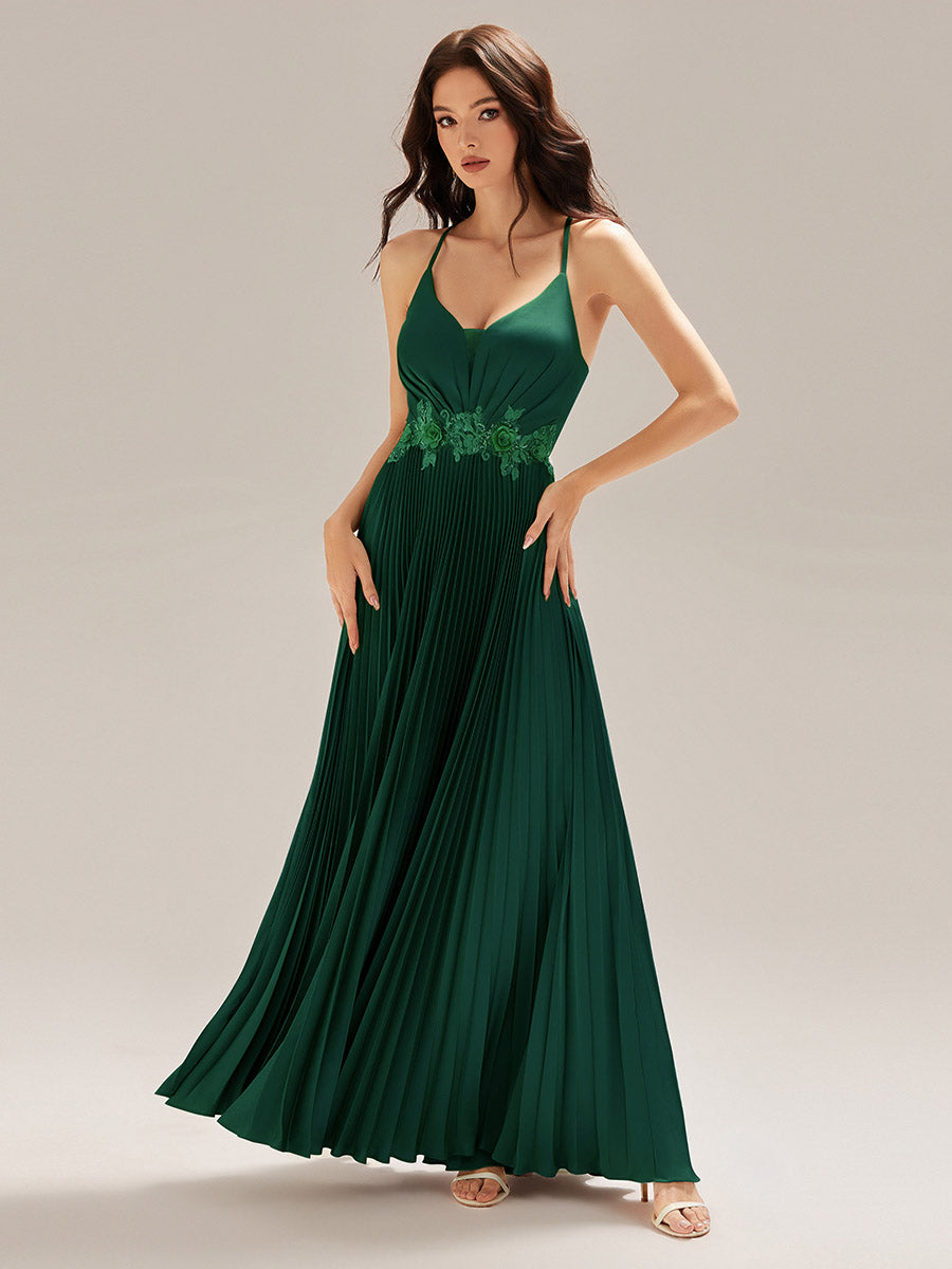 Color=Dark Green | Custom Made Sleeveless V-Neck Backless A-Line Floor Length Evening Dresses-Dark Green 1
