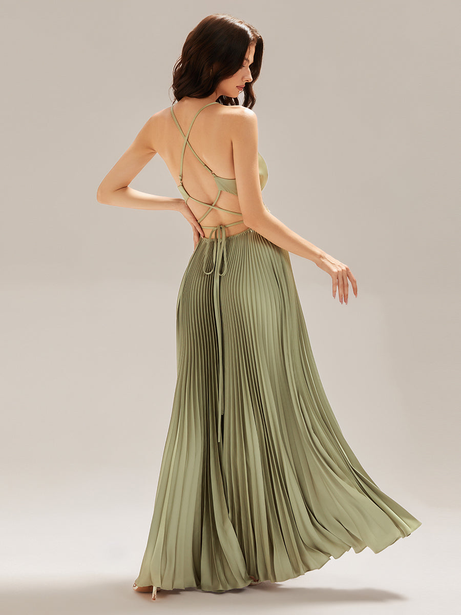 Color=Sage Green | Custom Made Sleeveless V-Neck Backless A-Line Floor Length Evening Dresses-Sage Green 14