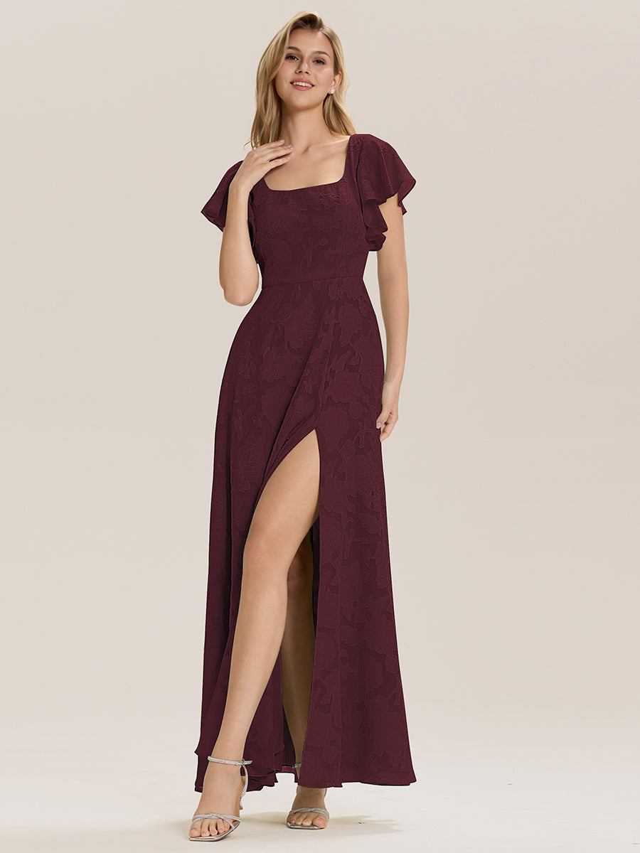 Color=Burgundy | Short Sleeve Ruffle Tie-Front Backless A-Line Floor Length Evening Dresses-Burgundy 1