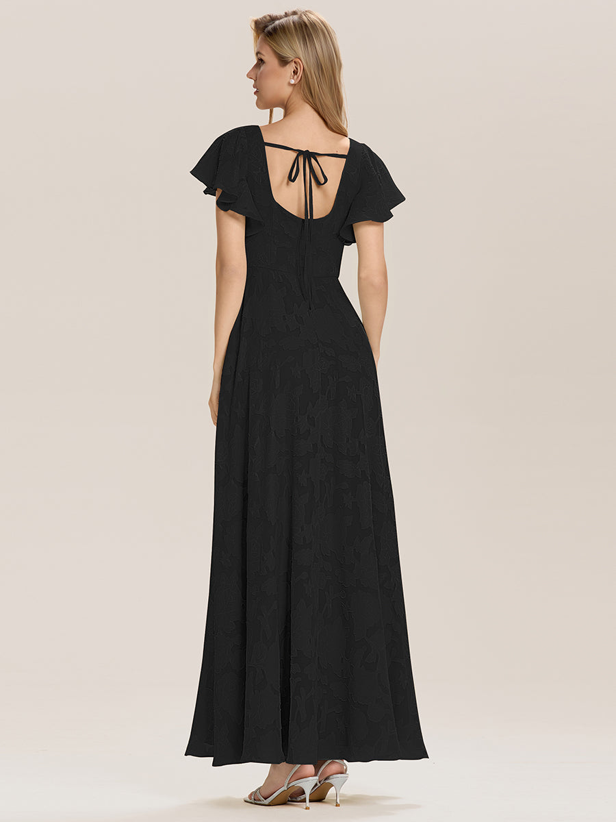 Color=Black | Short Sleeve Ruffle Tie-Front Backless A-Line Floor Length Evening Dresses-Black 4