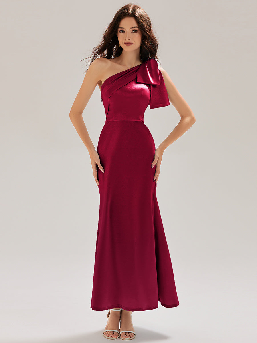 Color=Burgundy | Custom Made Slightly Stretchy One Shoulder Tie-Front Fishtail Midi Evening Dresses-Burgundy 1