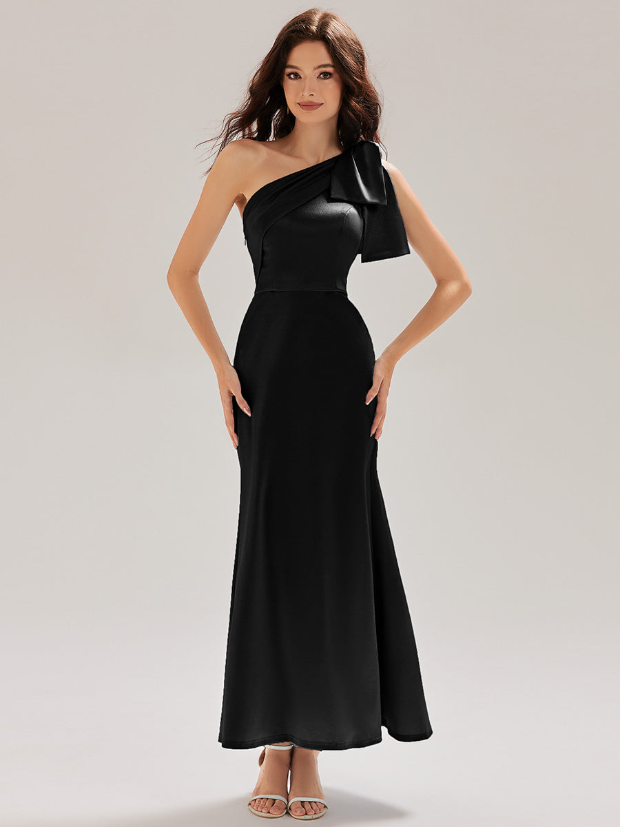 Color=Black | Custom Made Slightly Stretchy One Shoulder Tie-Front Fishtail Midi Evening Dresses-Black 4
