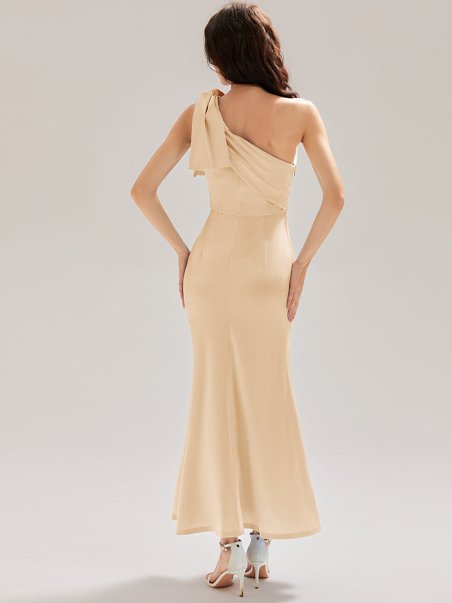 Color=Champagne | Custom Made Slightly Stretchy One Shoulder Tie-Front Fishtail Midi Evening Dresses-Champagne 8