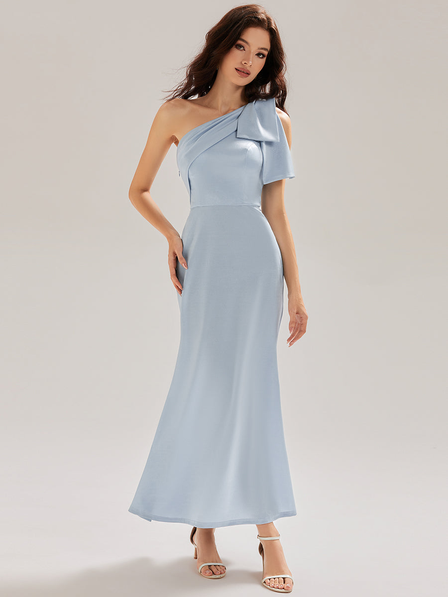 Color=Light Blue | Custom Made Slightly Stretchy One Shoulder Tie-Front Fishtail Midi Evening Dresses-Light Blue 14
