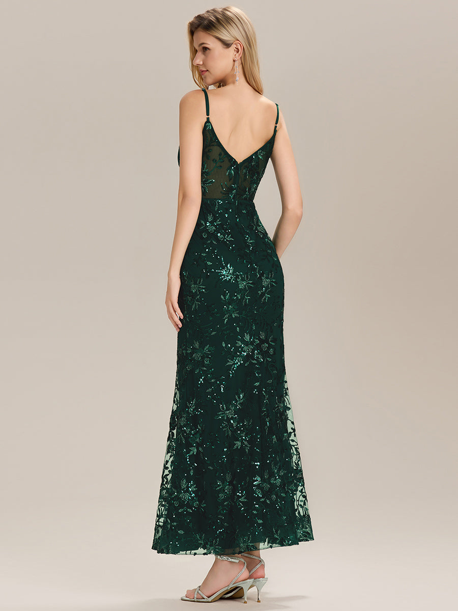 Color=Dark Green | Custom Made Sleeveless Deep V-Neck Backless Sequin Fishtail Evening Dresses-Dark Green 6