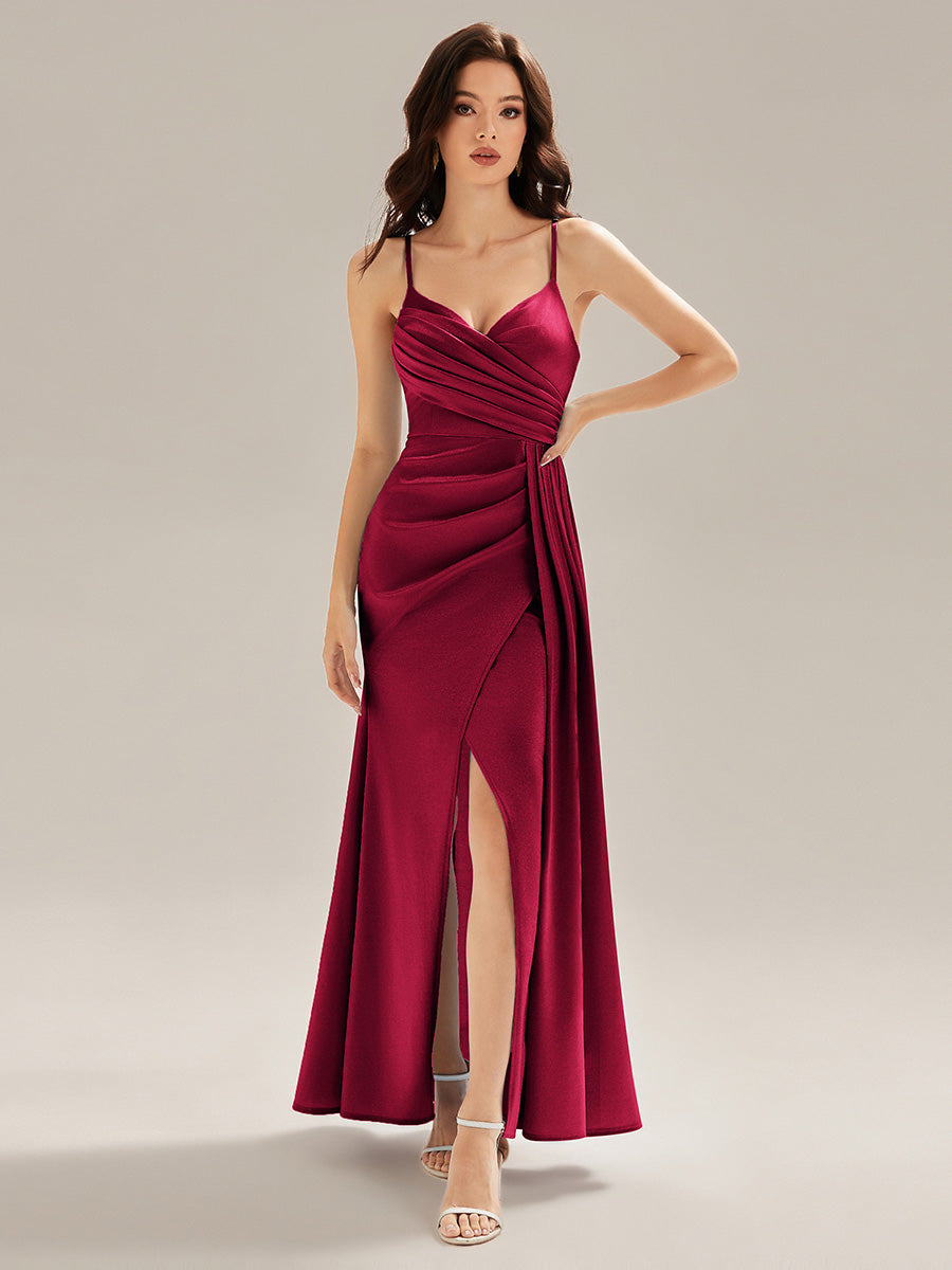 Color=Burgundy | Custom Solutions Sleeveless Deep V-Neck Gathered Jumpsuit with Flowing Ribbons Evening Dresses-Burgundy 1