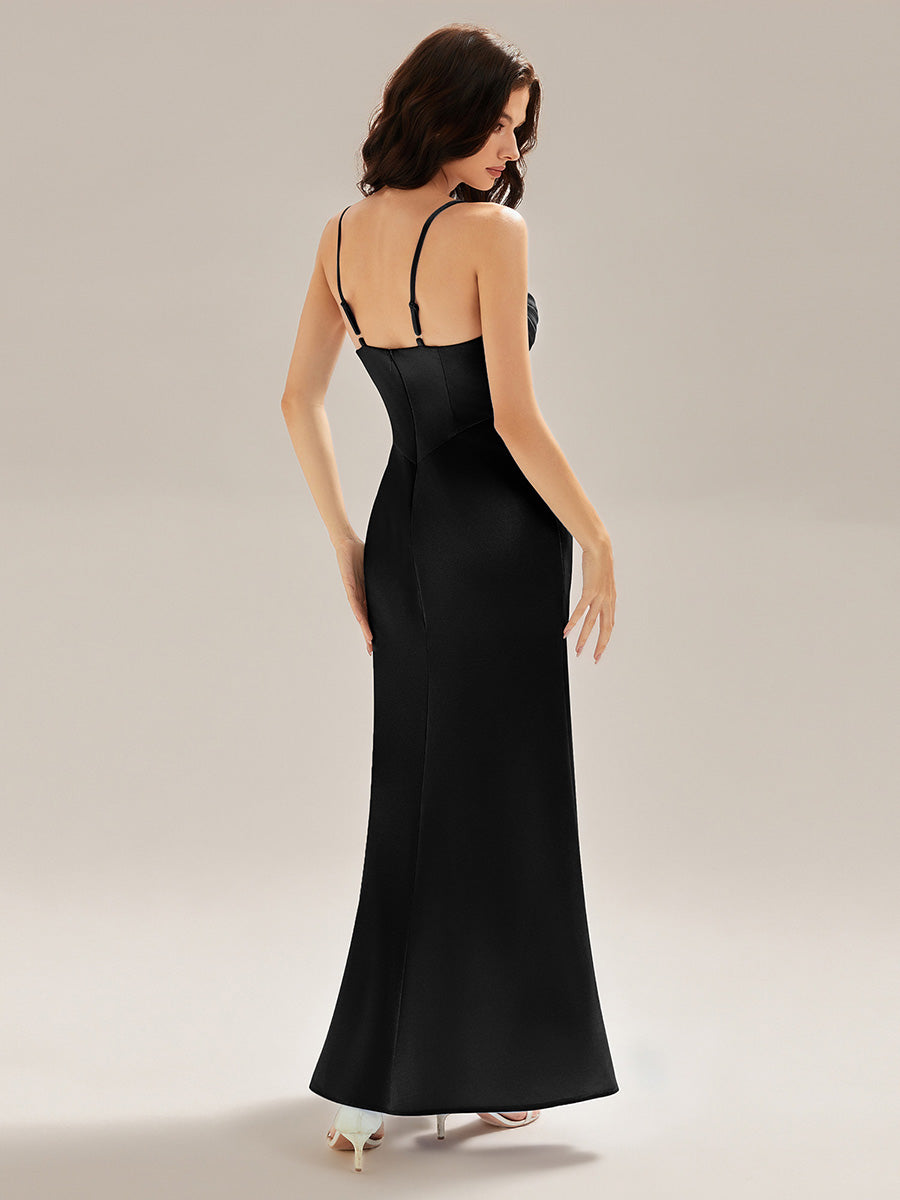 Color=Black | Custom Solutions Sleeveless Deep V-Neck Gathered Jumpsuit with Flowing Ribbons Evening Dresses-Black 5