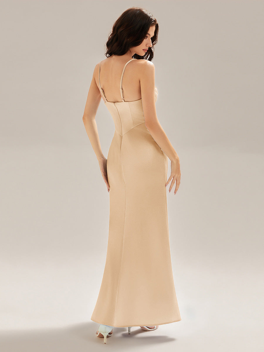 Color=Champagne | Custom Solutions Sleeveless Deep V-Neck Gathered Jumpsuit with Flowing Ribbons Evening Dresses-Champagne 8