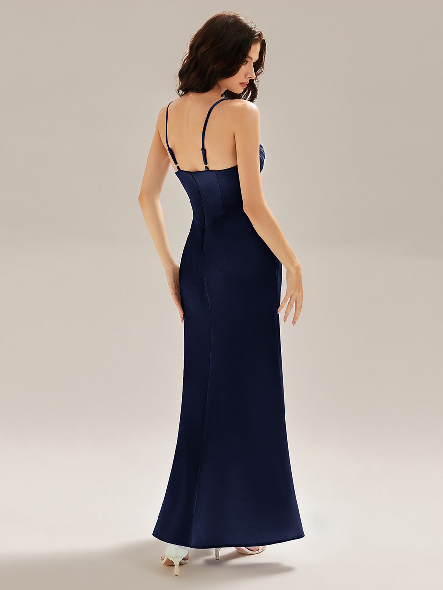 Color=Navy Blue | Custom Solutions Sleeveless Deep V-Neck Gathered Jumpsuit with Flowing Ribbons Evening Dresses-Navy Blue 16