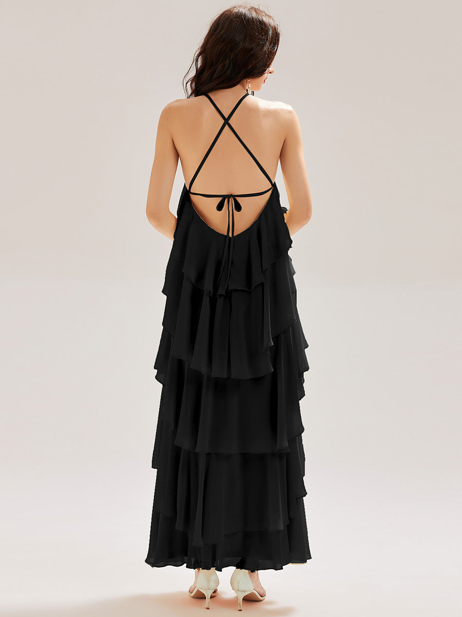 Color=Black | Custom Solutions Sleeveless Halter Neck Backless Tiered Floor Length Evening Dresses-Black 2