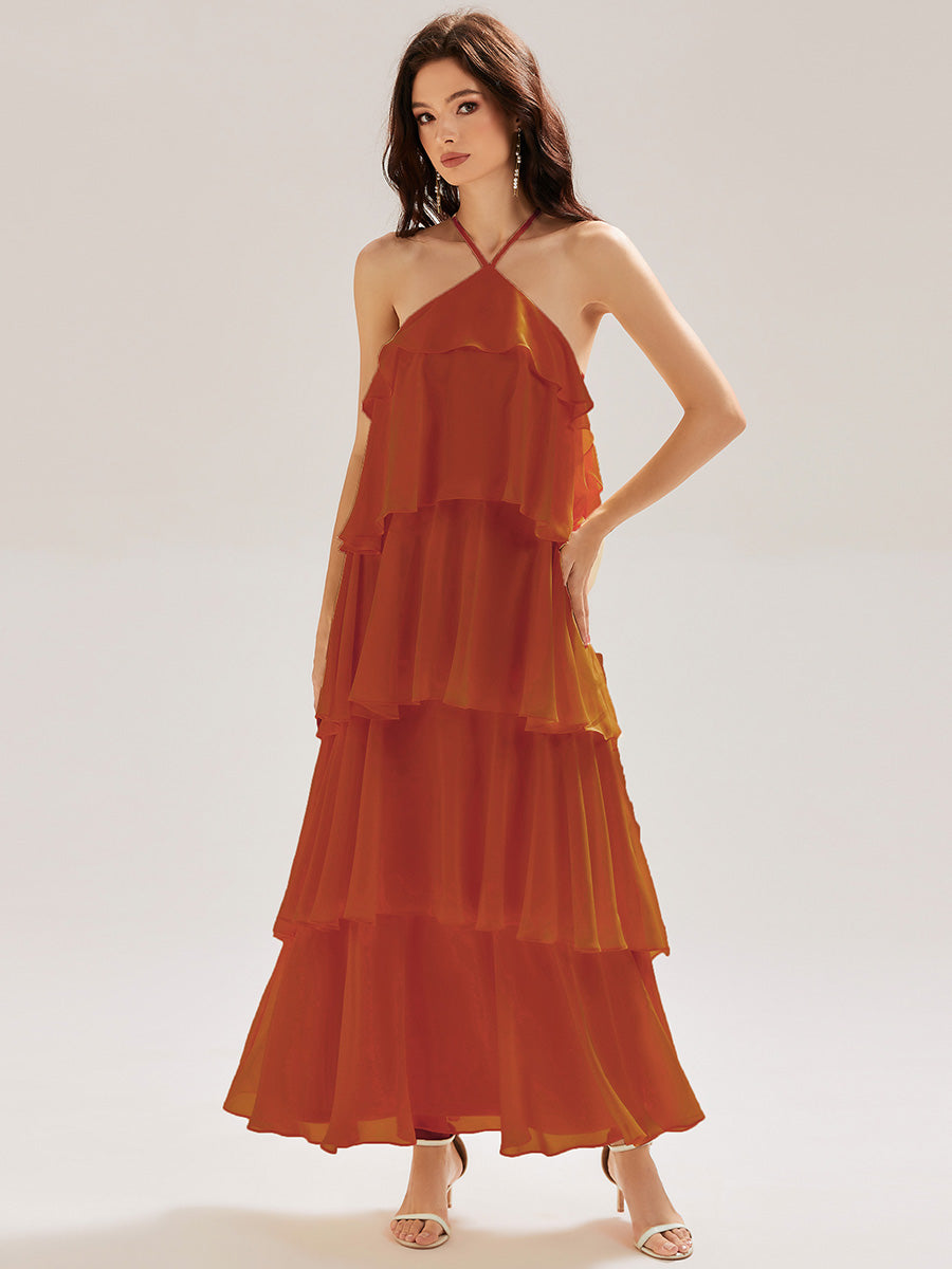 Color=Burnt Orange | Custom Solutions Sleeveless Halter Neck Backless Tiered Floor Length Evening Dresses-Burnt Orange 4