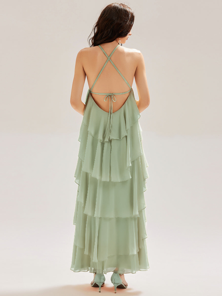 Color=Mint Green | Custom Solutions Sleeveless Halter Neck Backless Tiered Floor Length Evening Dresses-Mint Green 11