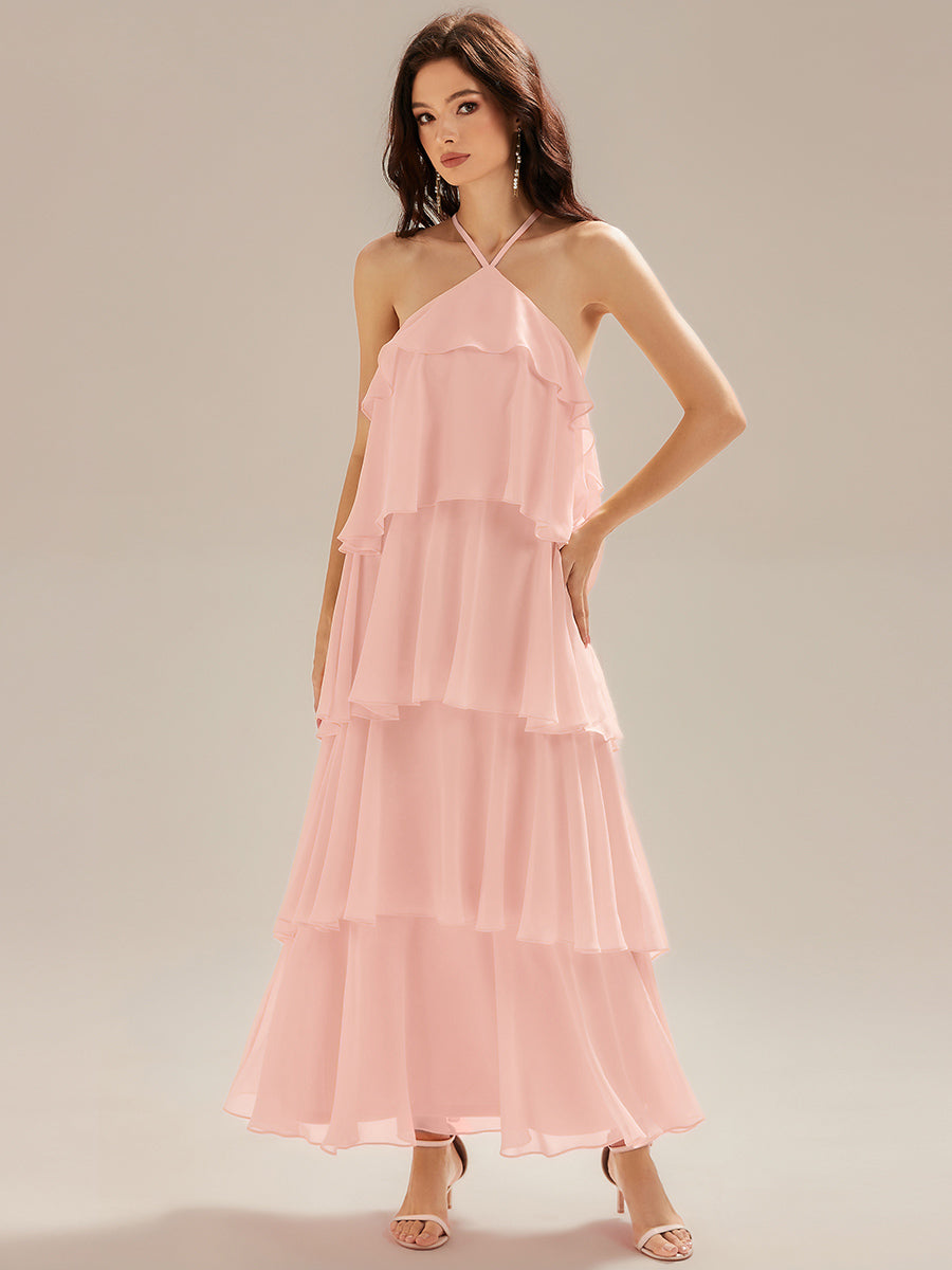 Color=Pink | Custom Solutions Sleeveless Halter Neck Backless Tiered Floor Length Evening Dresses-Pink 13