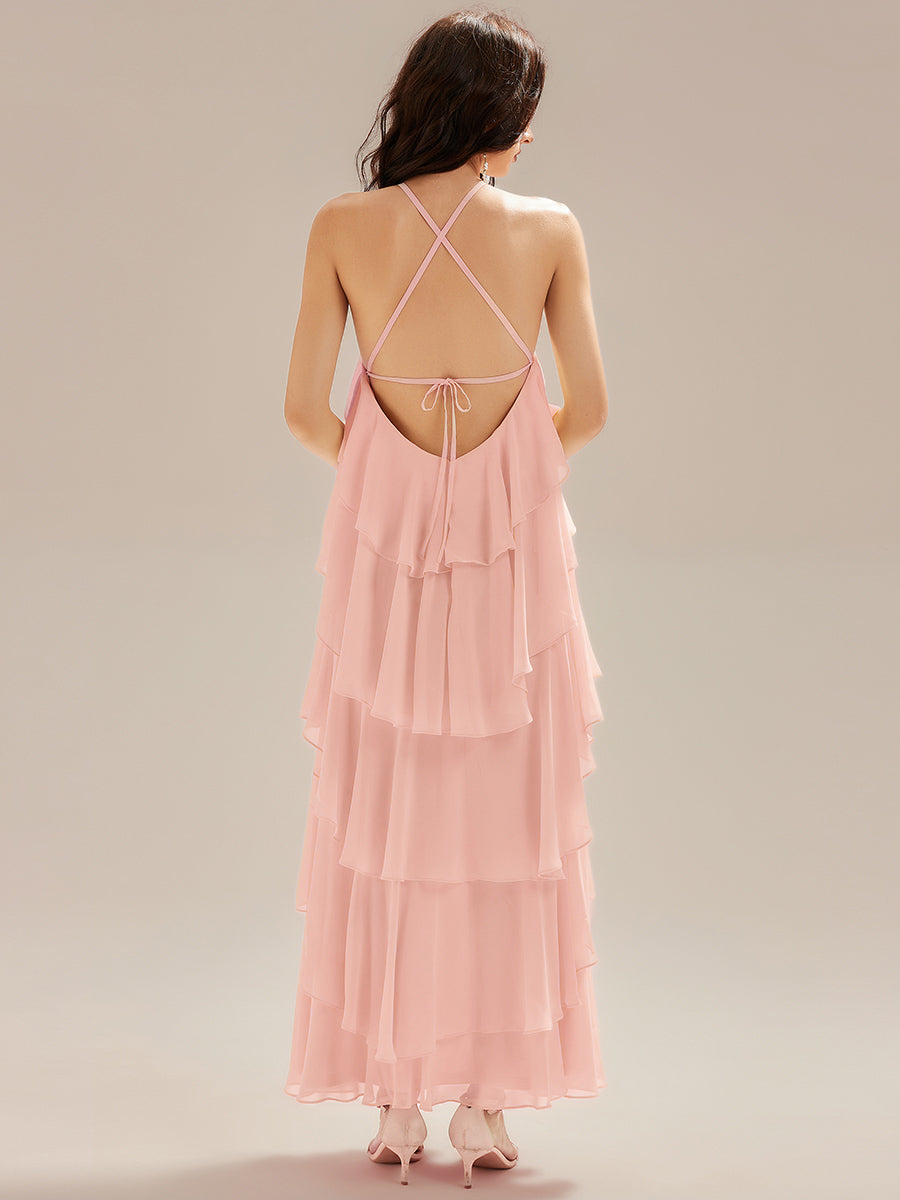 Color=Pink | Custom Solutions Sleeveless Halter Neck Backless Tiered Floor Length Evening Dresses-Pink 14