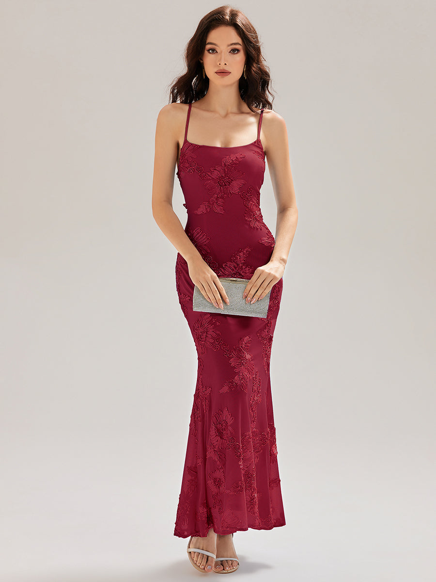 Color=Burgundy | Custom Solutions Adjustable Spaghetti Strap Backless Fishtail Maxi Evening Dresses-Burgundy 1