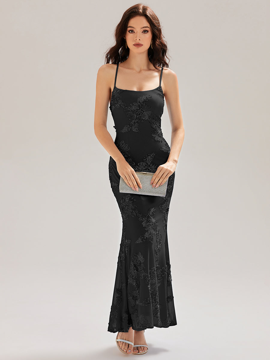 Color=Black | Custom Solutions Adjustable Spaghetti Strap Backless Fishtail Maxi Evening Dresses-Black 4